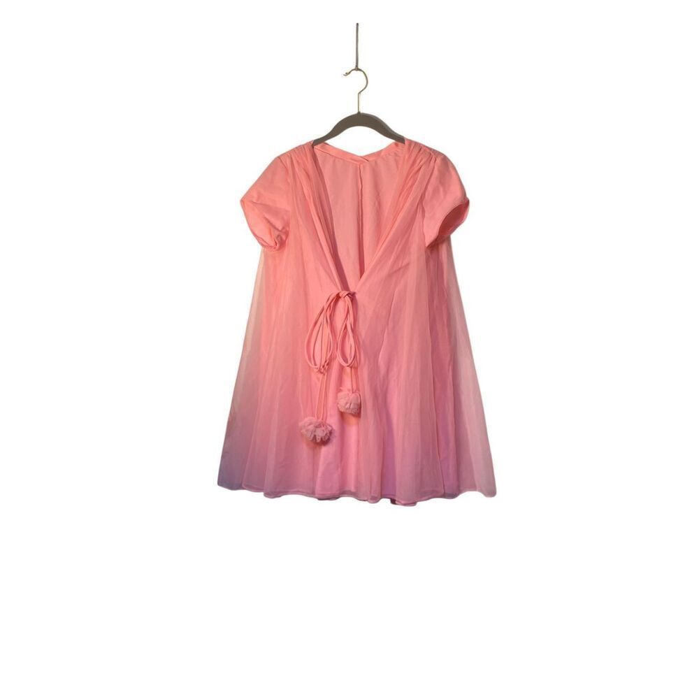 Vtg Lucie Ann lingerie 1950s pink chiffon, pom-pom short robe S